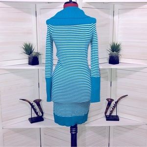 BCBG Max Azria Cyan Blue White Stripe Off Shoulder Sweater Dress